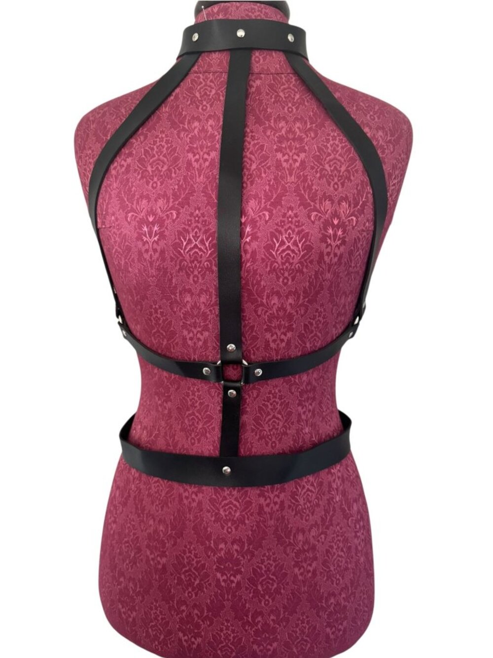 Black Faux Leather Adjustable Body Harness With Silver Buckles & Straps